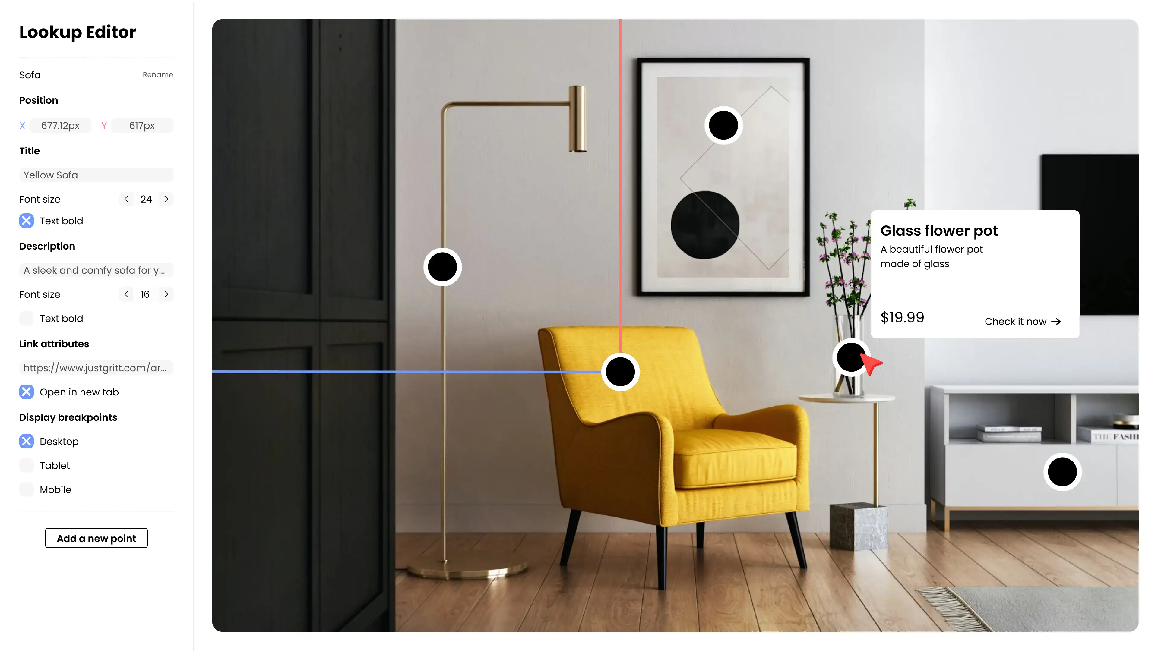 Markspot editor with interactive hotspots pinned to a product photo